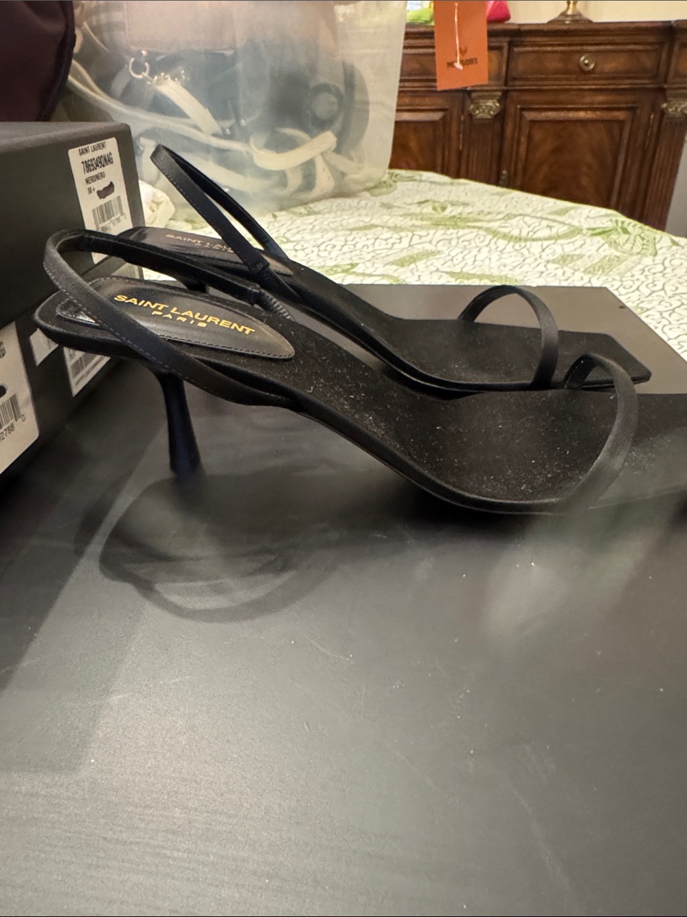 Saint Laurent Black Square Toe Slingback Heels - Picture 3 of 6
